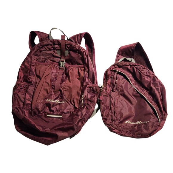 Lot of 2 Eddie Bauer Stowaway Bags 30L Backpack & 10L Sling Bag Black Cherry - Picture 1 of 16